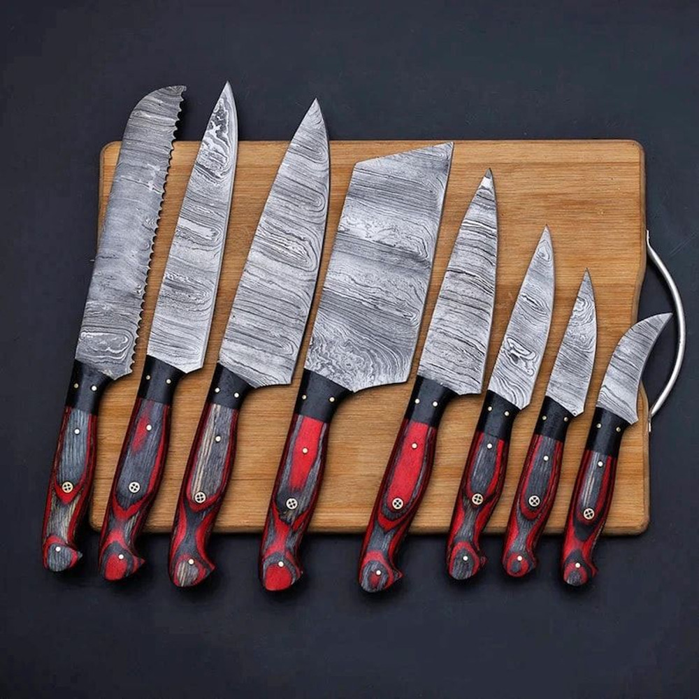 Custom Handmade 8PCS Damascus Steel Kitchen Chef Knives Set Full Tang Pakka Wood Handle With Leathe 2