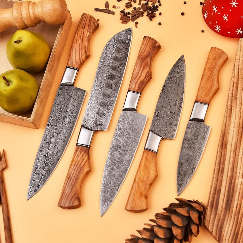 Custom Handmade 5PCS Damascus Steel Kitchen Chef Knives Set Full Tang Wood And Steel Handle With Le 0
