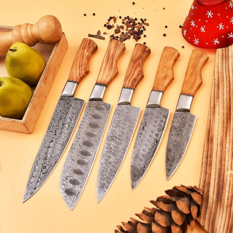 Custom Handmade 5PCS Damascus Steel Kitchen Chef Knives Set Full Tang Wood And Steel Handle With Le 1