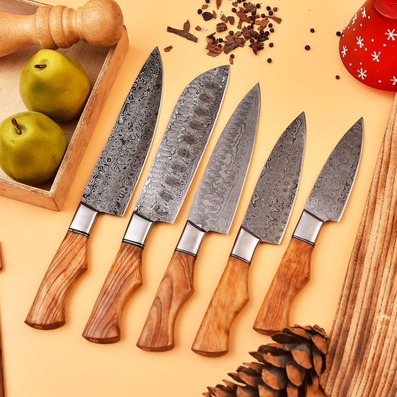 Custom Handmade 5PCS Damascus Steel Kitchen Chef Knives Set Full Tang Wood And Steel Handle With Le 3