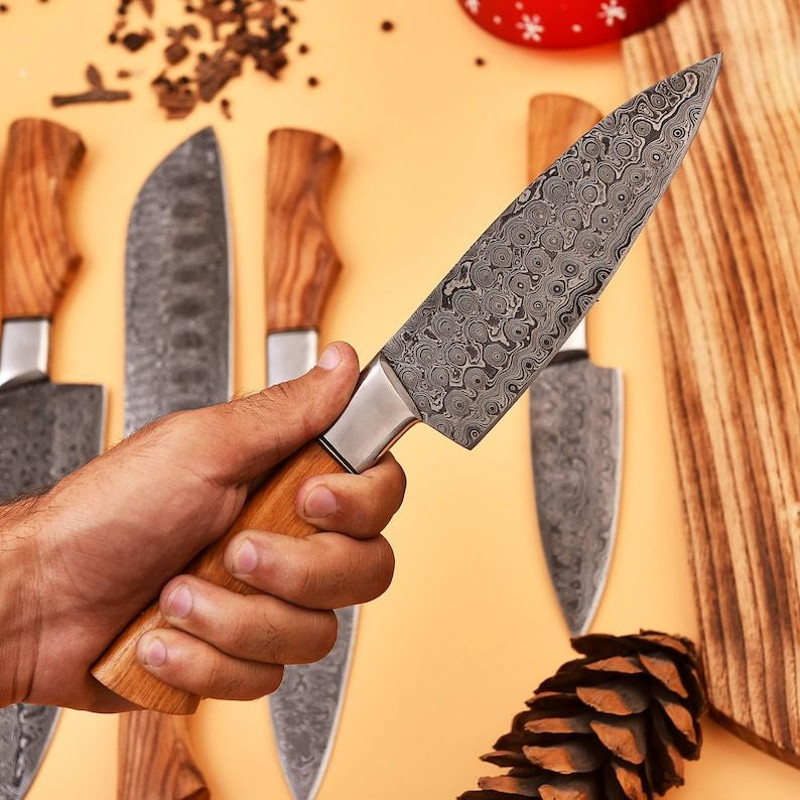 Custom Handmade 5PCS Damascus Steel Kitchen Chef Knives Set Full Tang Wood And Steel Handle With Le 4