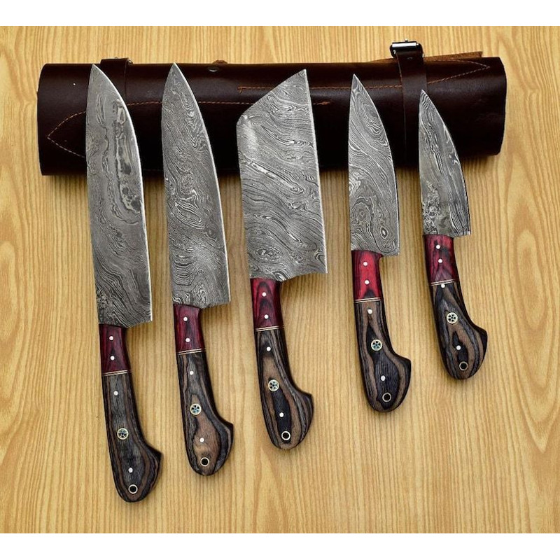 Custom Handmade 5PCS Damascus Steel Kitchen Chef Knives Set Full Tang Pakka Wood Handle With Leathe 0