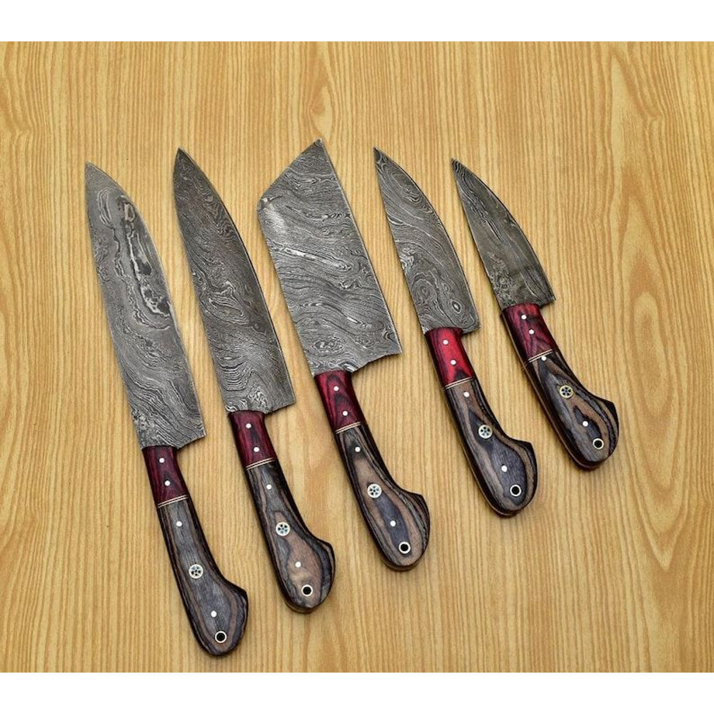 Custom Handmade 5PCS Damascus Steel Kitchen Chef Knives Set Full Tang Pakka Wood Handle With Leathe 1