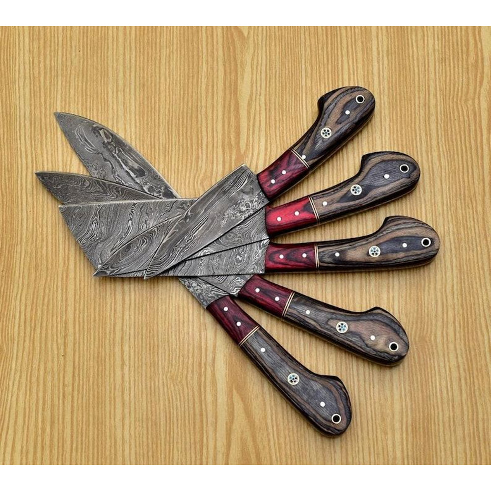 Custom Handmade 5PCS Damascus Steel Kitchen Chef Knives Set Full Tang Pakka Wood Handle With Leathe 2