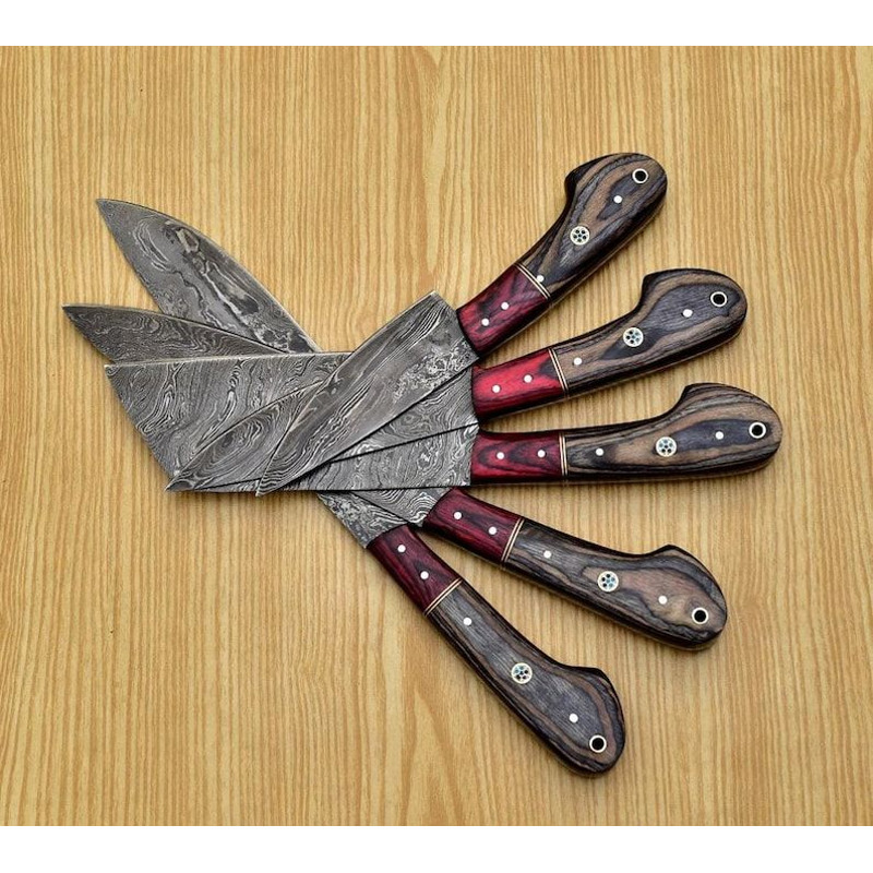 Custom Handmade 5PCS Damascus Steel Kitchen Chef Knives Set Full Tang Pakka Wood Handle With Leathe 2