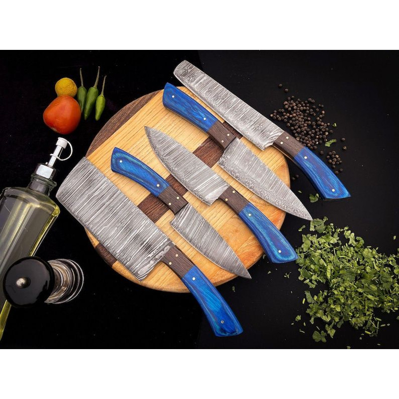 Custom Handmade 5PCS Damascus Steel Kitchen Chef Knives Set Full Tang Pakka Wood And Wood Handle Wi 0