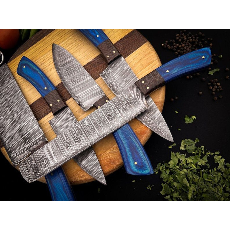 Custom Handmade 5PCS Damascus Steel Kitchen Chef Knives Set Full Tang Pakka Wood And Wood Handle Wi 1