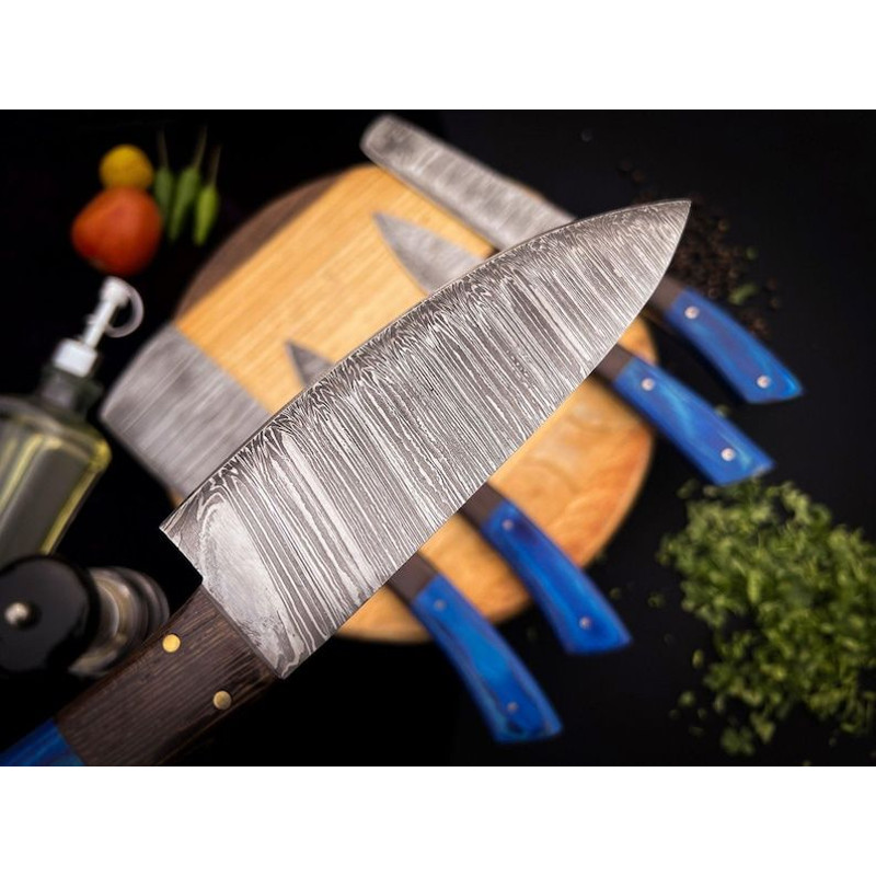 Custom Handmade 5PCS Damascus Steel Kitchen Chef Knives Set Full Tang Pakka Wood And Wood Handle Wi 2