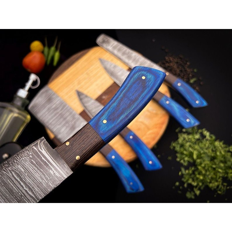 Custom Handmade 5PCS Damascus Steel Kitchen Chef Knives Set Full Tang Pakka Wood And Wood Handle Wi 3