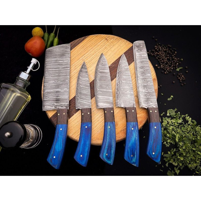 Custom Handmade 5PCS Damascus Steel Kitchen Chef Knives Set Full Tang Pakka Wood And Wood Handle Wi 4
