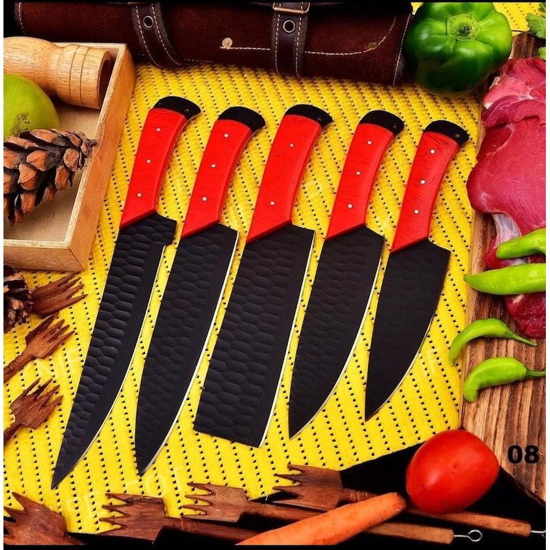 Custom Handmade 5PCS Damascus Steel Kitchen Chef Knives Set Full Tang Red Pakka Wood Handle With Le 1