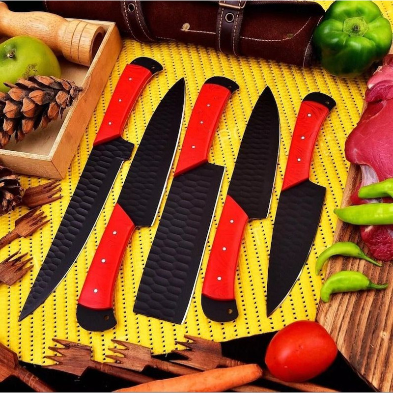 Custom Handmade 5PCS Damascus Steel Kitchen Chef Knives Set Full Tang Red Pakka Wood Handle With Le 2