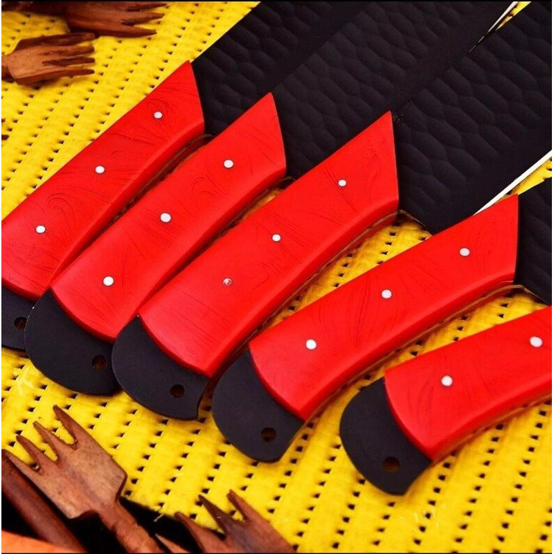 Custom Handmade 5PCS Damascus Steel Kitchen Chef Knives Set Full Tang Red Pakka Wood Handle With Le 3