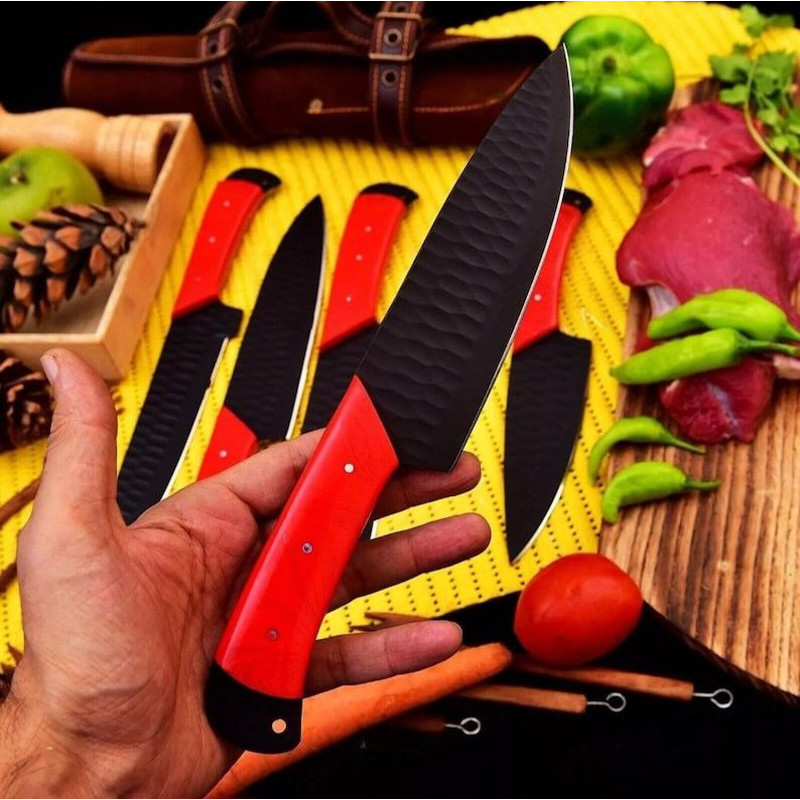 Custom Handmade 5PCS Damascus Steel Kitchen Chef Knives Set Full Tang Red Pakka Wood Handle With Le 4