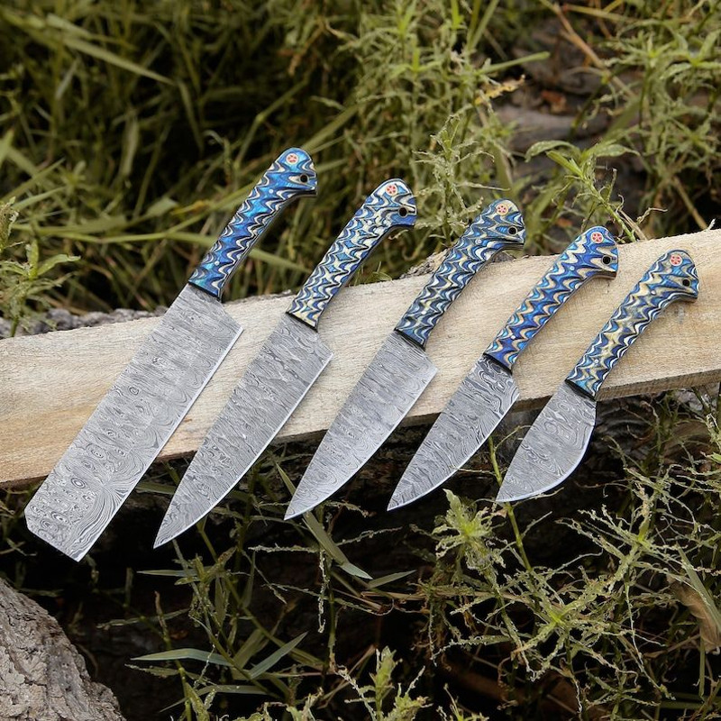 Custom Handmade 5PCS Damascus Steel Kitchen Chef Knives Set Full Tang Blue Pakka Wood Handle With L 0