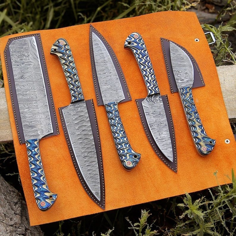 Custom Handmade 5PCS Damascus Steel Kitchen Chef Knives Set Full Tang Blue Pakka Wood Handle With L 5