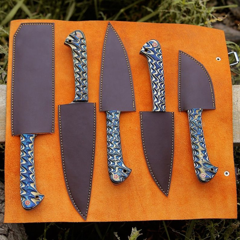Custom Handmade 5PCS Damascus Steel Kitchen Chef Knives Set Full Tang Blue Pakka Wood Handle With L 6