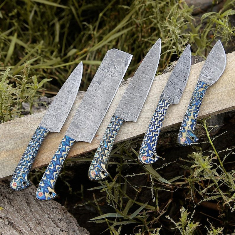 Custom Handmade 5PCS Damascus Steel Kitchen Chef Knives Set Full Tang Blue Pakka Wood Handle With L 1