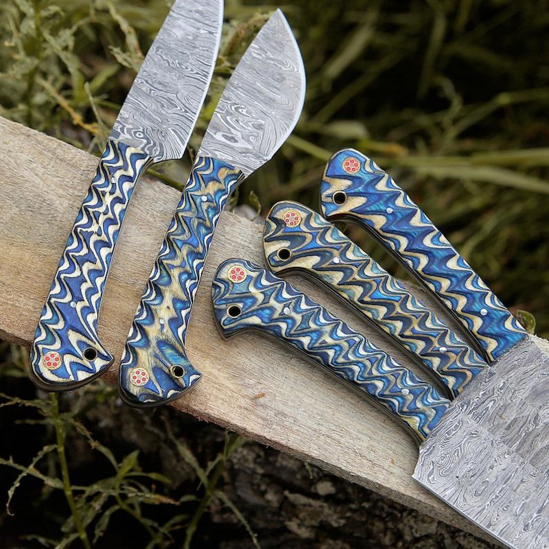 Custom Handmade 5PCS Damascus Steel Kitchen Chef Knives Set Full Tang Blue Pakka Wood Handle With L 2