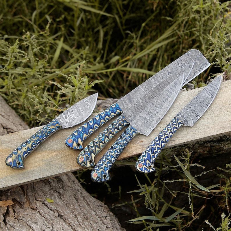 Custom Handmade 5PCS Damascus Steel Kitchen Chef Knives Set Full Tang Blue Pakka Wood Handle With L 3