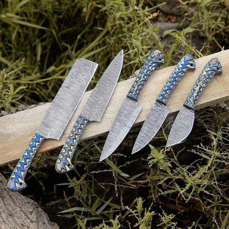 Custom Handmade 5PCS Damascus Steel Kitchen Chef Knives Set Full Tang Blue Pakka Wood Handle With L 4