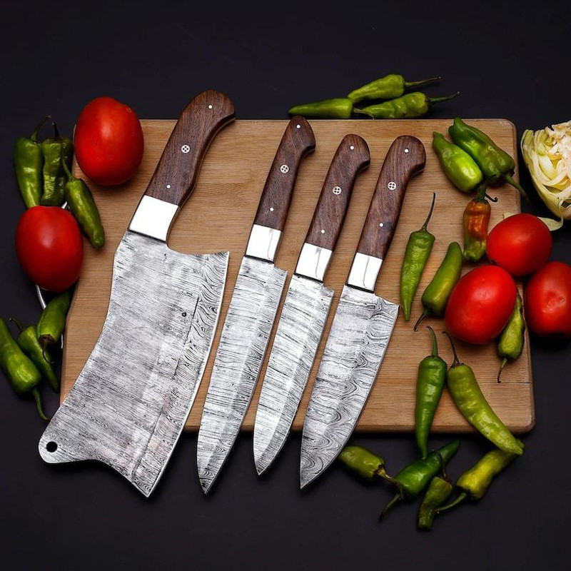 Custom Handmade 4PCS Damascus Steel Kitchen Chef Knives Set Full Tang Wood And Brass Handle With Le 0