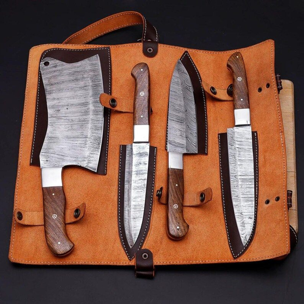 Custom Handmade 4PCS Damascus Steel Kitchen Chef Knives Set Full Tang Wood And Brass Handle With Le 2