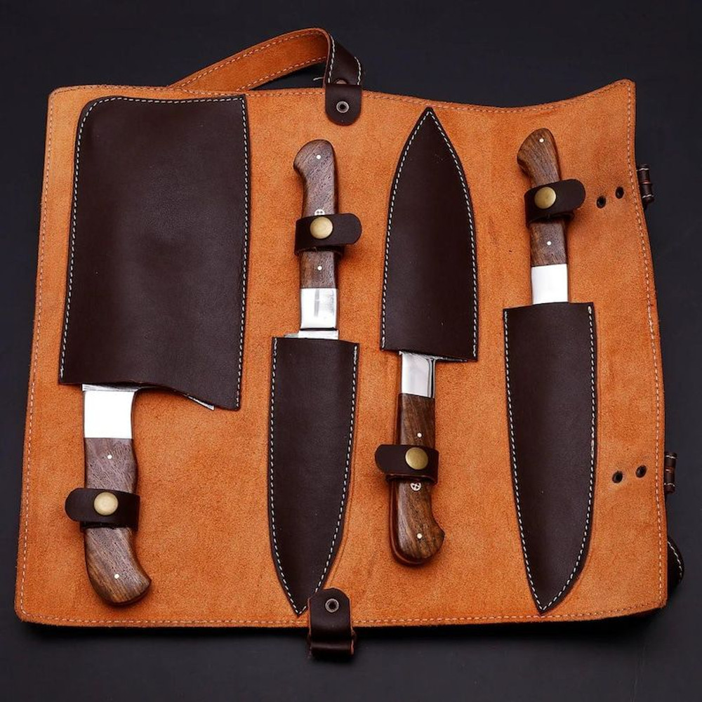 Custom Handmade 4PCS Damascus Steel Kitchen Chef Knives Set Full Tang Wood And Brass Handle With Le 3