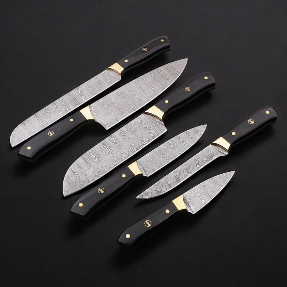 Custom Handmade 6PCS Damascus Steel Kitchen Chef Knives Set Full Tang PAkka Wood And Brass Handle W 0