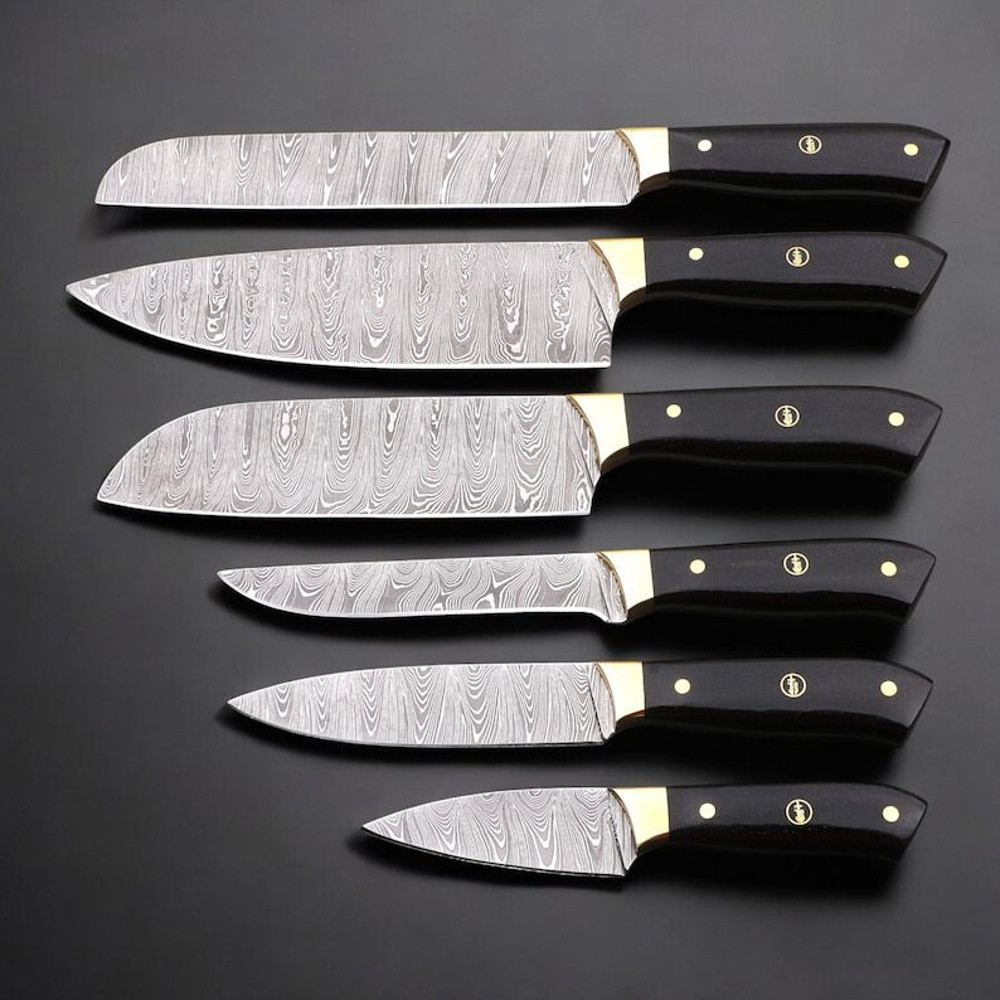 Custom Handmade 6PCS Damascus Steel Kitchen Chef Knives Set Full Tang PAkka Wood And Brass Handle W 1