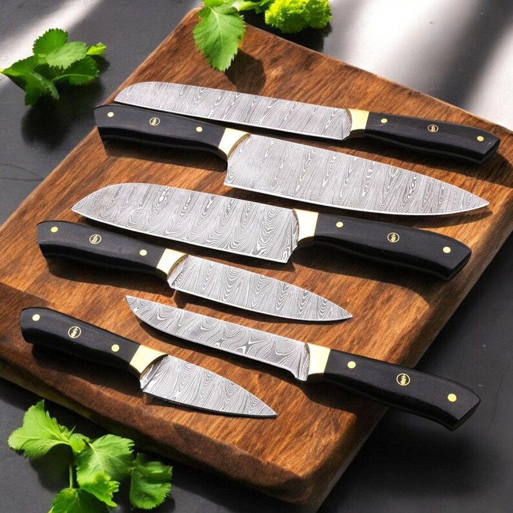 Custom Handmade 6PCS Damascus Steel Kitchen Chef Knives Set Full Tang PAkka Wood And Brass Handle W 2