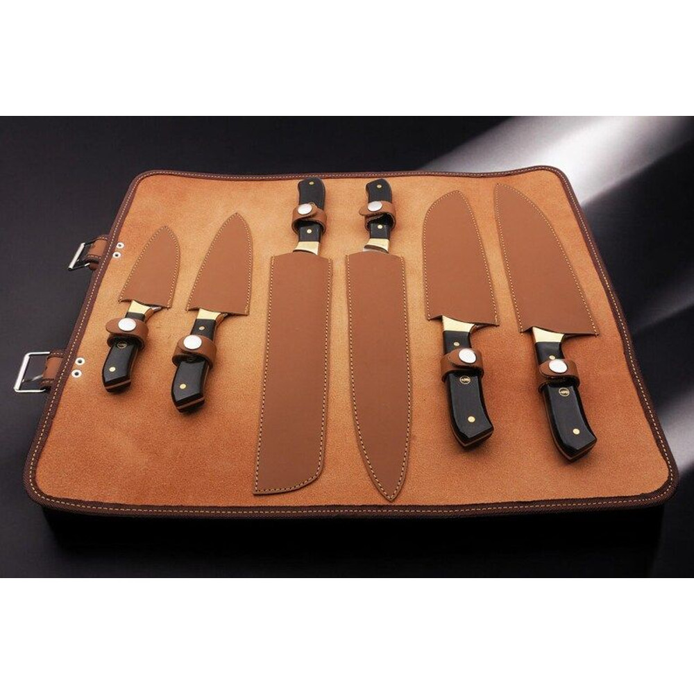 Custom Handmade 6PCS Damascus Steel Kitchen Chef Knives Set Full Tang PAkka Wood And Brass Handle W 4