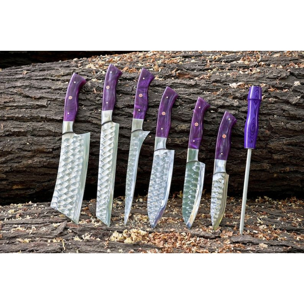 Custom Handmade 6PCS Damascus Steel Kitchen Chef Knives Set Full Tang Purple Resin Sheet Handle Wit 0