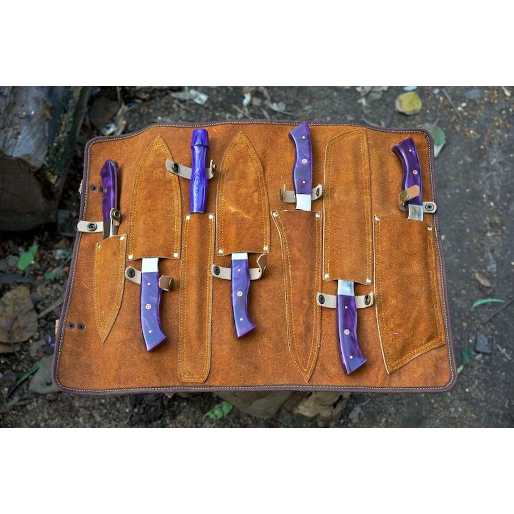 Custom Handmade 6PCS Damascus Steel Kitchen Chef Knives Set Full Tang Purple Resin Sheet Handle Wit 1