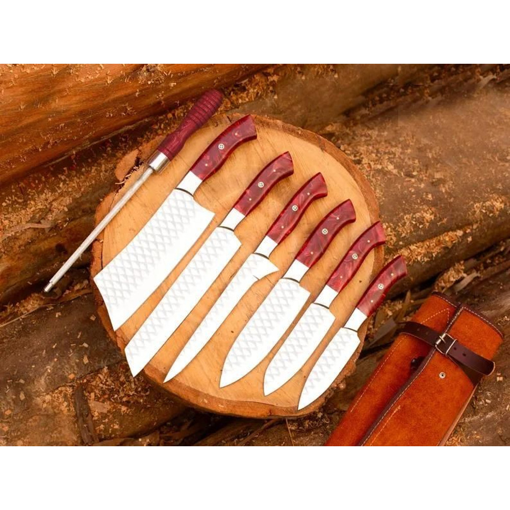 Custom Handmade 6PCS Damascus Steel Kitchen Chef Knives Set Full Tang Red Resin Sheet Handle With L 0