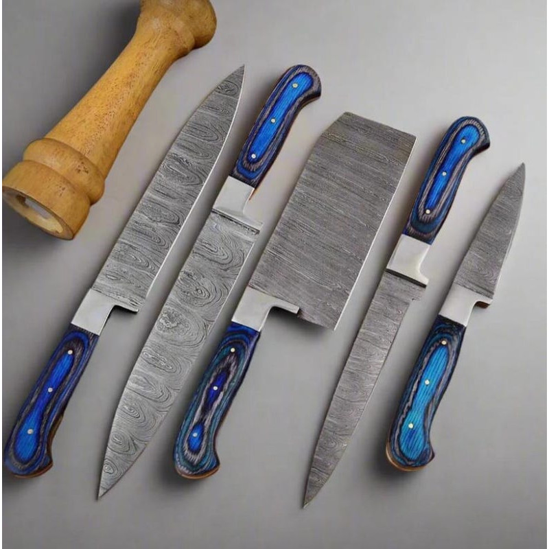 Custom Handmade 5PCS Damascus Steel Kitchen Chef Knives Set Full Tang Steel And Pakka Wood Handle W 0