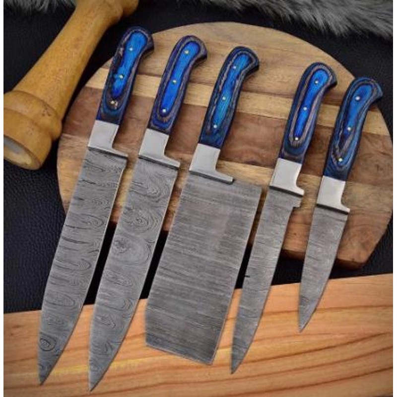 Custom Handmade 5PCS Damascus Steel Kitchen Chef Knives Set Full Tang Steel And Pakka Wood Handle W 1