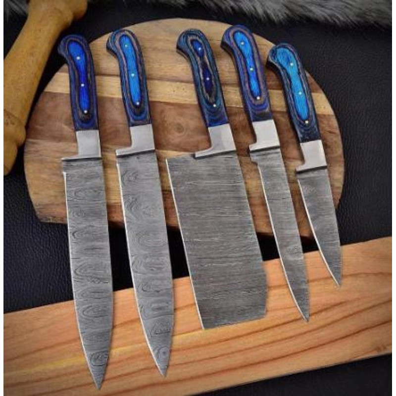 Custom Handmade 5PCS Damascus Steel Kitchen Chef Knives Set Full Tang Steel And Pakka Wood Handle W 2