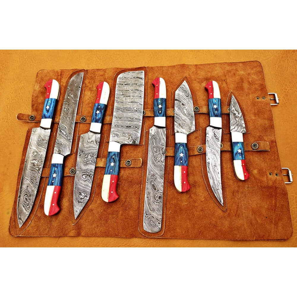 Custom Handmade 8PCS Damascus Steel Kitchen Chef Knives Set Full Tang American Flag Handle With Lea 0