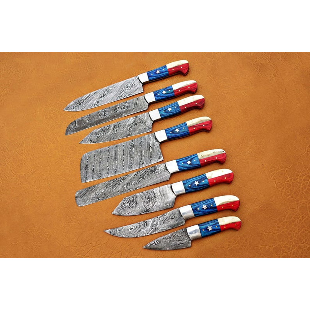 Custom Handmade 8PCS Damascus Steel Kitchen Chef Knives Set Full Tang American Flag Handle With Lea 1