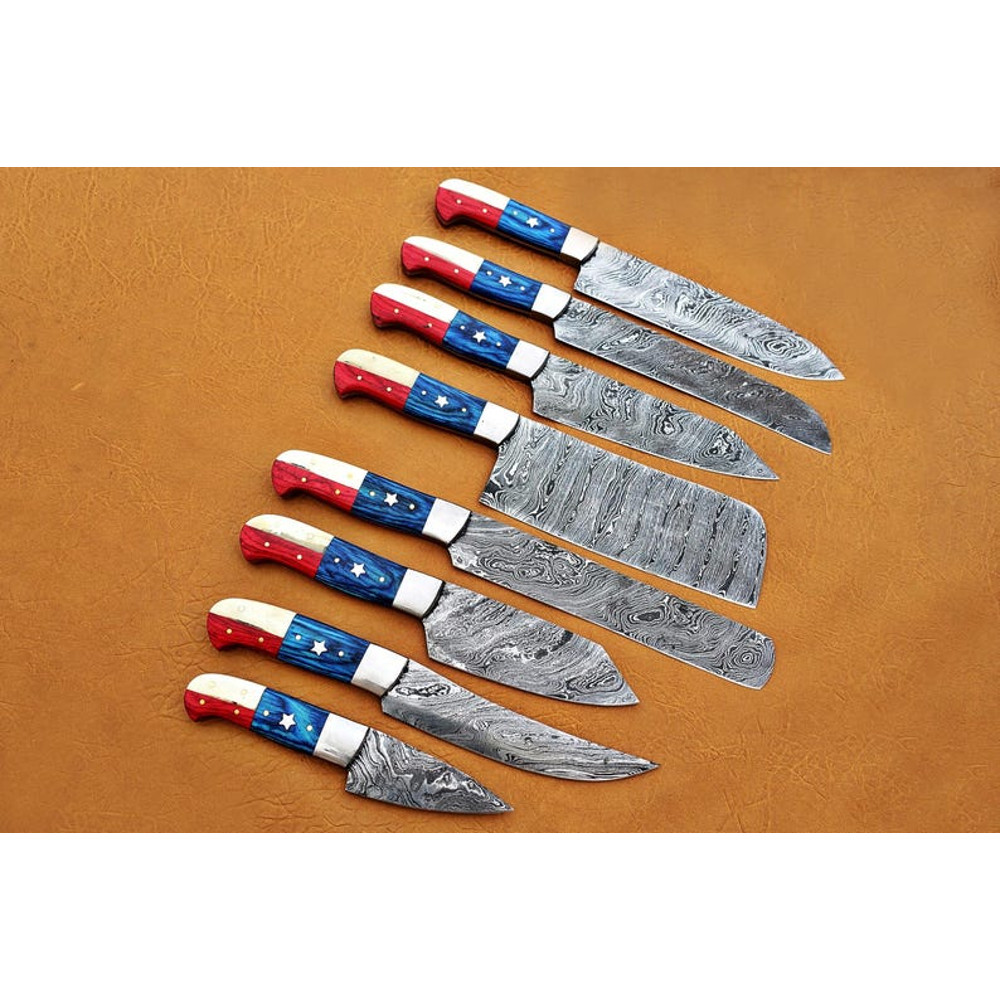 Custom Handmade 8PCS Damascus Steel Kitchen Chef Knives Set Full Tang American Flag Handle With Lea 2