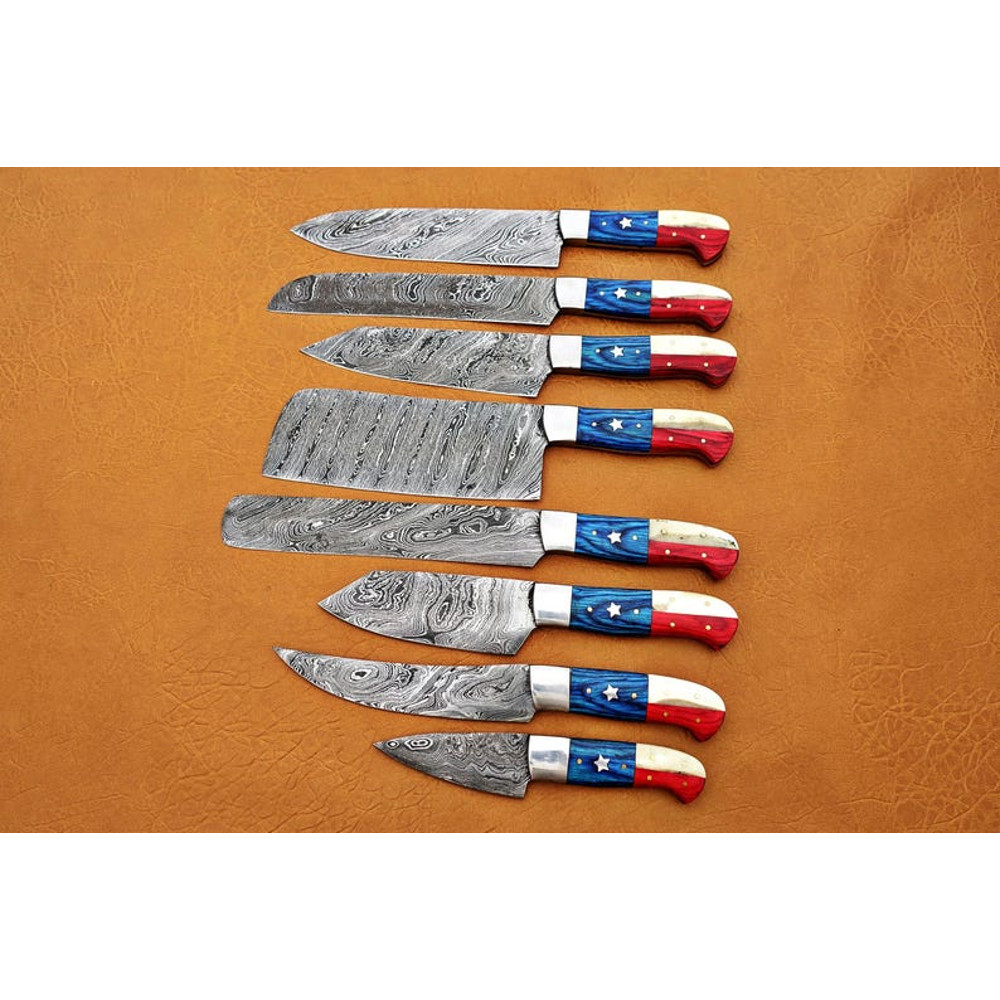 Custom Handmade 8PCS Damascus Steel Kitchen Chef Knives Set Full Tang American Flag Handle With Lea 3
