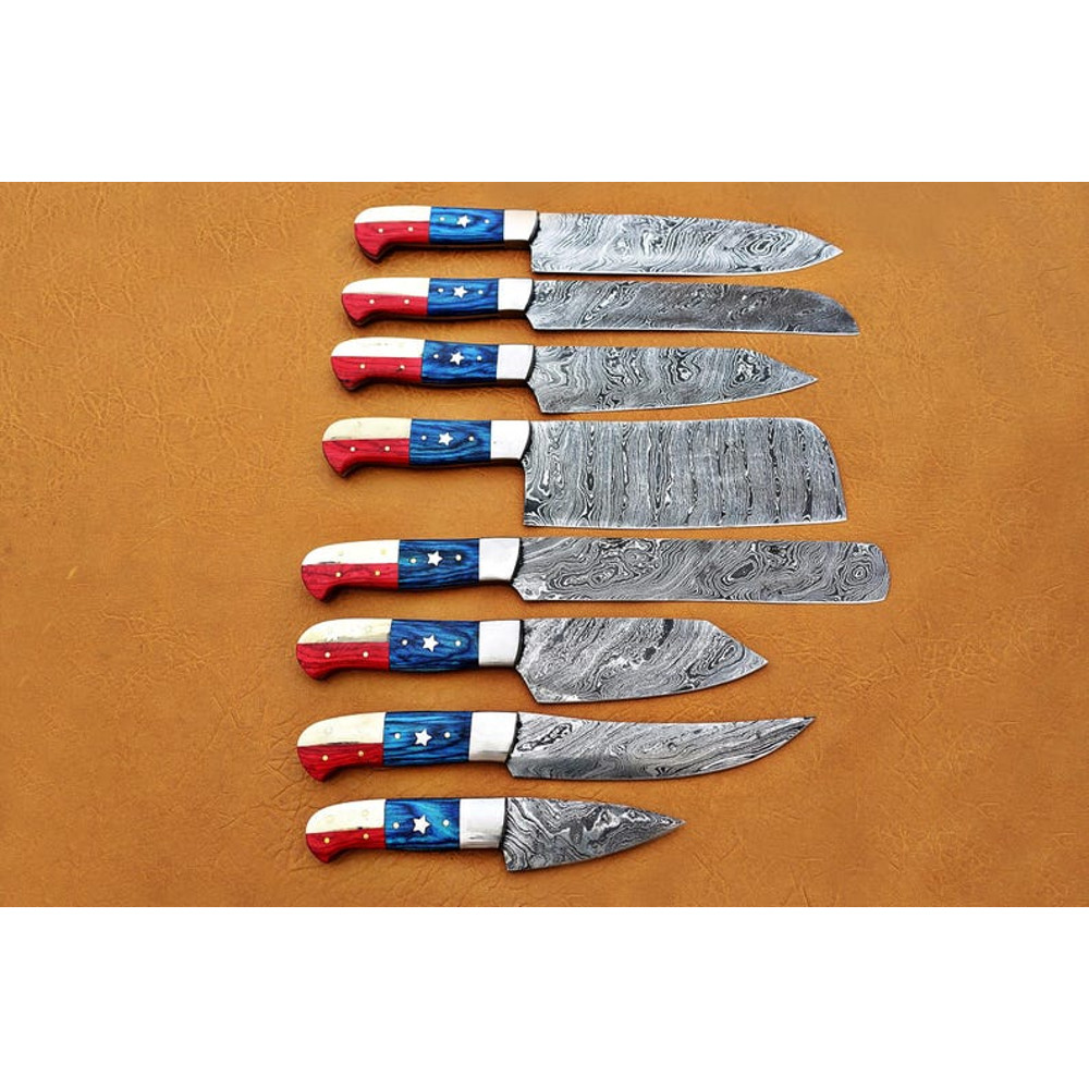 Custom Handmade 8PCS Damascus Steel Kitchen Chef Knives Set Full Tang American Flag Handle With Lea 4