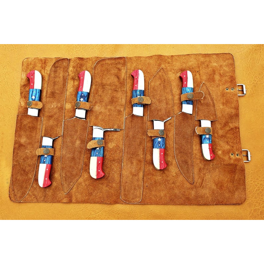 Custom Handmade 8PCS Damascus Steel Kitchen Chef Knives Set Full Tang American Flag Handle With Lea 7