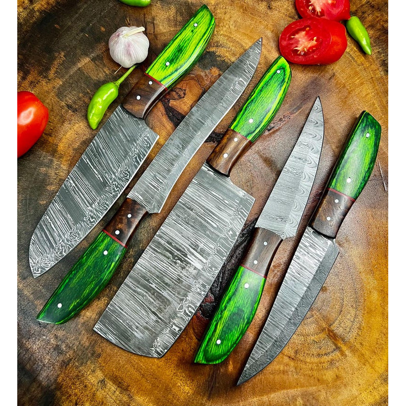 Custom Handmade 5PCS Damascus Steel Kitchen Chef Knives Set Full Tang Wood And Pakka Wood Handle Wi 0