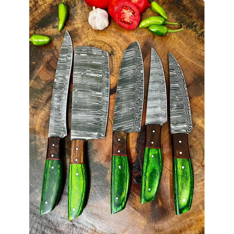 Custom Handmade 5PCS Damascus Steel Kitchen Chef Knives Set Full Tang Wood And Pakka Wood Handle Wi 1