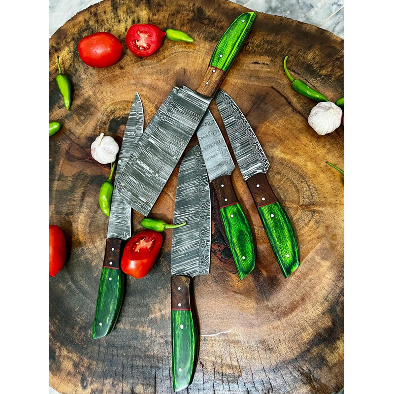 Custom Handmade 5PCS Damascus Steel Kitchen Chef Knives Set Full Tang Wood And Pakka Wood Handle Wi 2