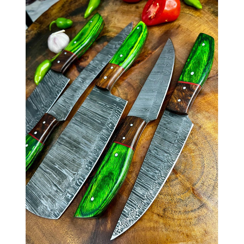 Custom Handmade 5PCS Damascus Steel Kitchen Chef Knives Set Full Tang Wood And Pakka Wood Handle Wi 3