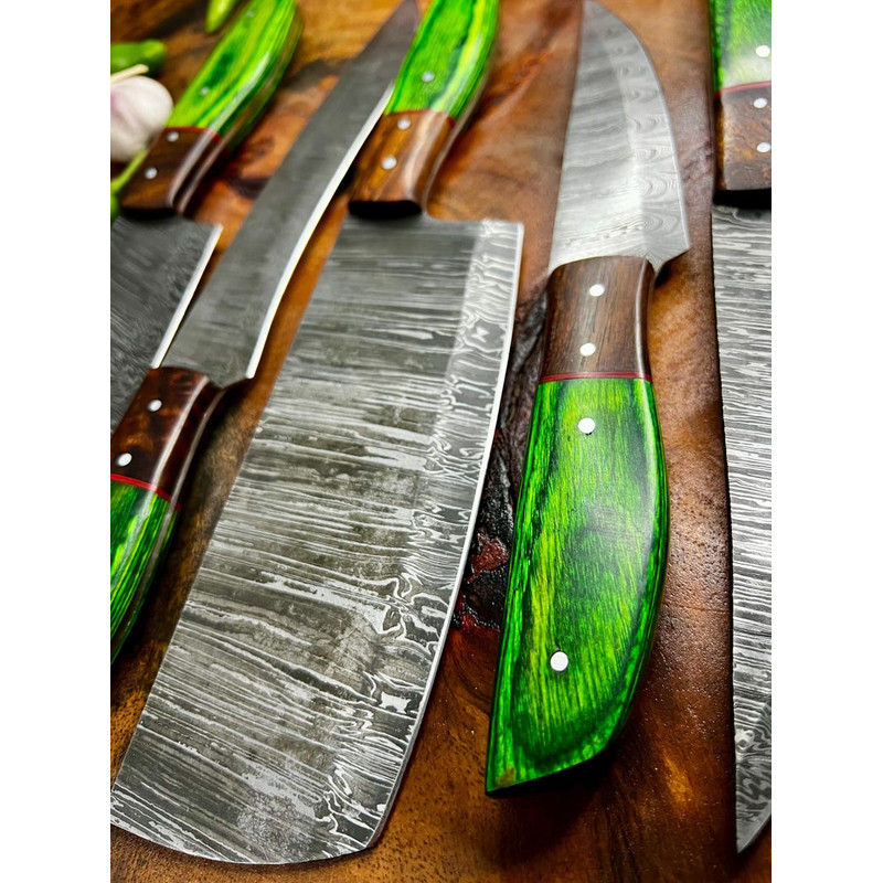 Custom Handmade 5PCS Damascus Steel Kitchen Chef Knives Set Full Tang Wood And Pakka Wood Handle Wi 4