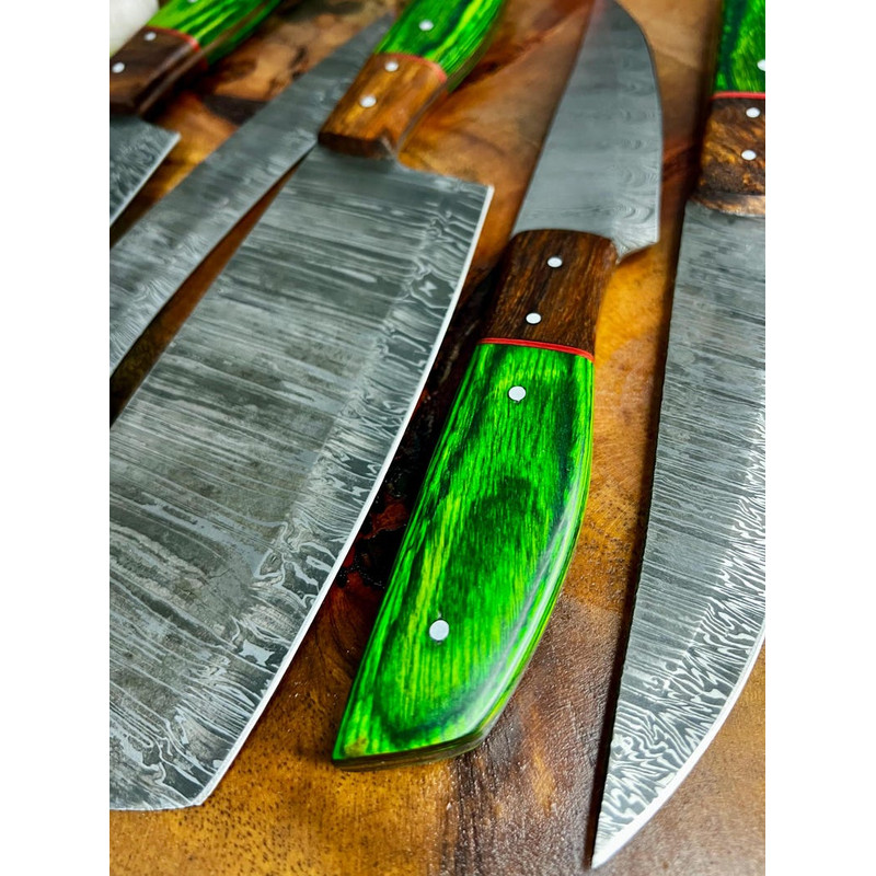 Custom Handmade 5PCS Damascus Steel Kitchen Chef Knives Set Full Tang Wood And Pakka Wood Handle Wi 6